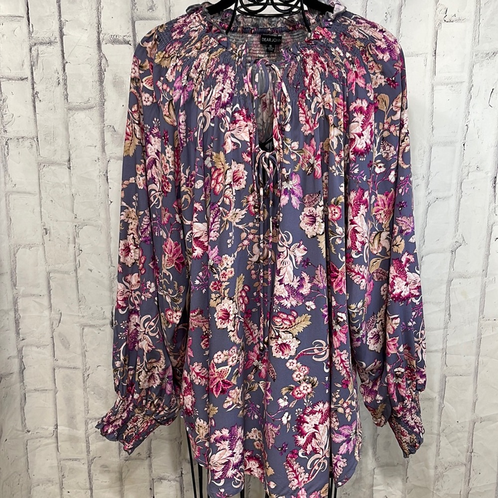 Dear John Blouse Floral Peasant Tie Front Ruffled Collar Smocked Balloon Sleeves